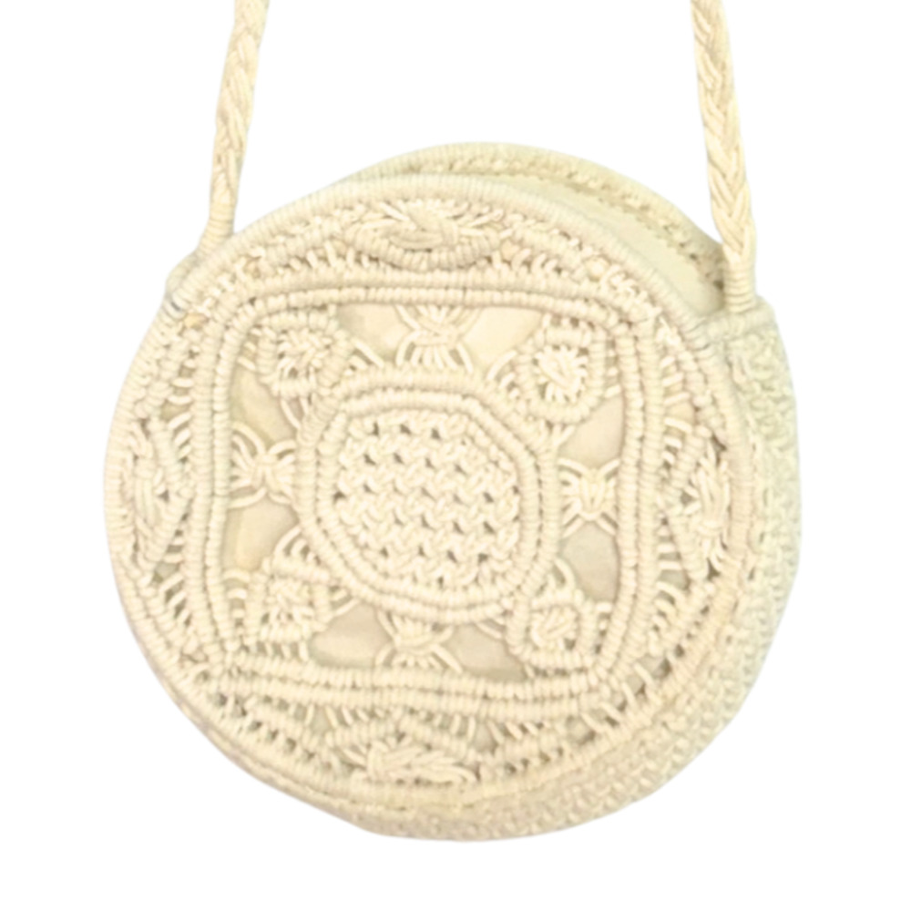 Round Macrame Crossbody Purse Small 6.5" Dia Neutral Beige Retro Boho Festival